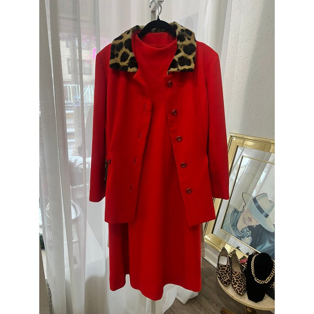 Vintage Red Wool Coat & Dress with Leopard Print Fur Trim Collar Statement Set
